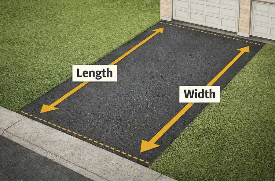 driveway area measurement diagram showing length and width for asphalt calculation