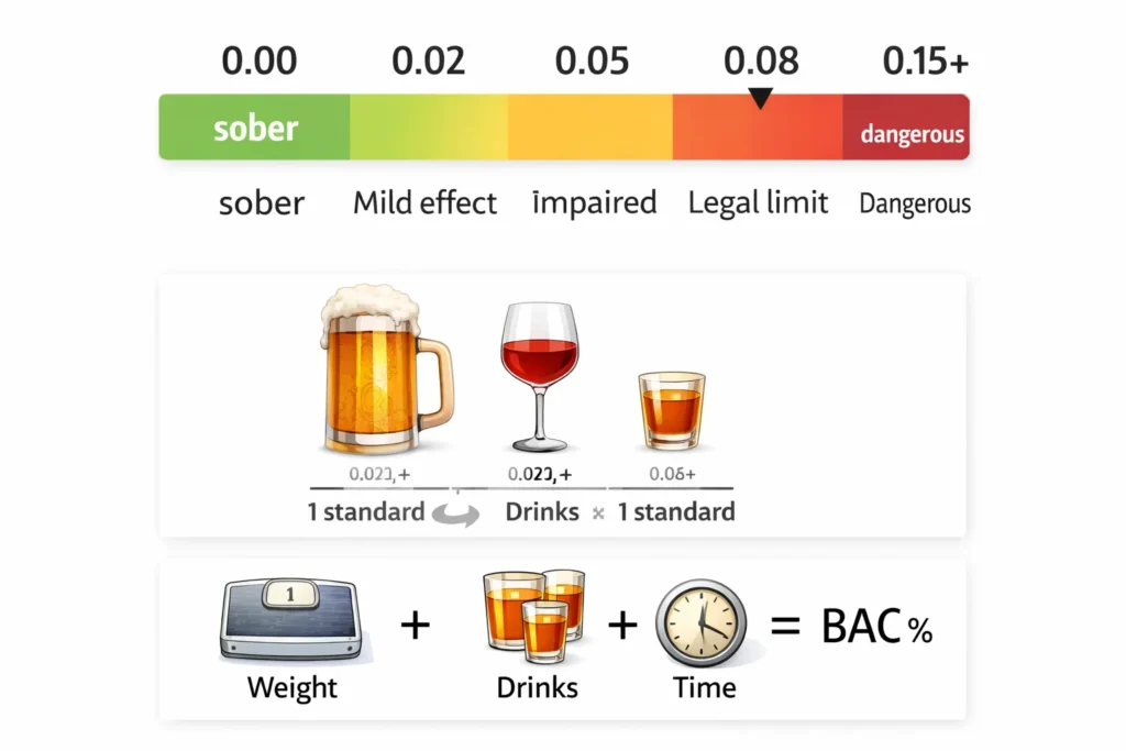 BAC Calculator Online, Estimate Blood Alcohol Level 3 BAC levels chart showing effects at different blood alcohol concentration percentages