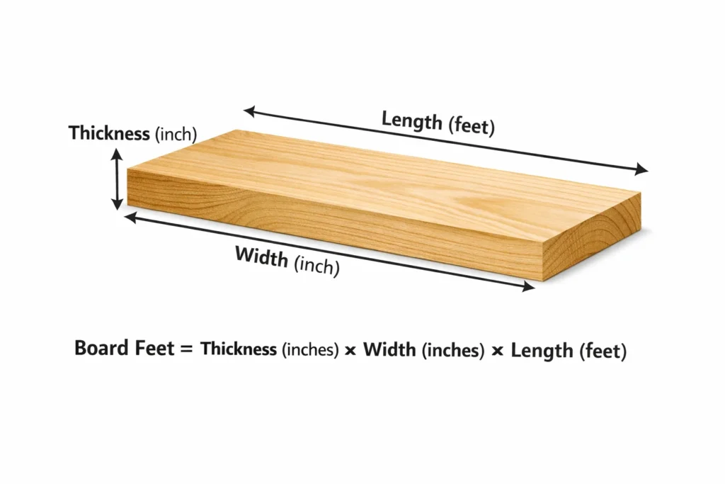 board foot formula diagram showing thickness width length of lumber with measurement labels