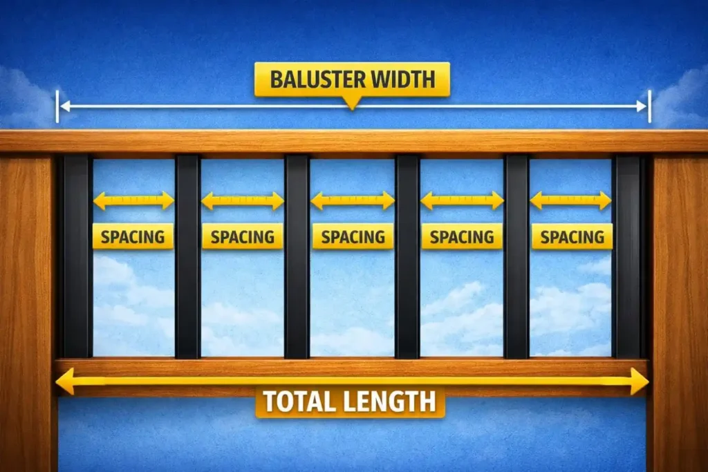 Baluster Calculator, Spacing and Baluster Count Tool 2 Deck railing with evenly spaced balusters showing proper spacing layout