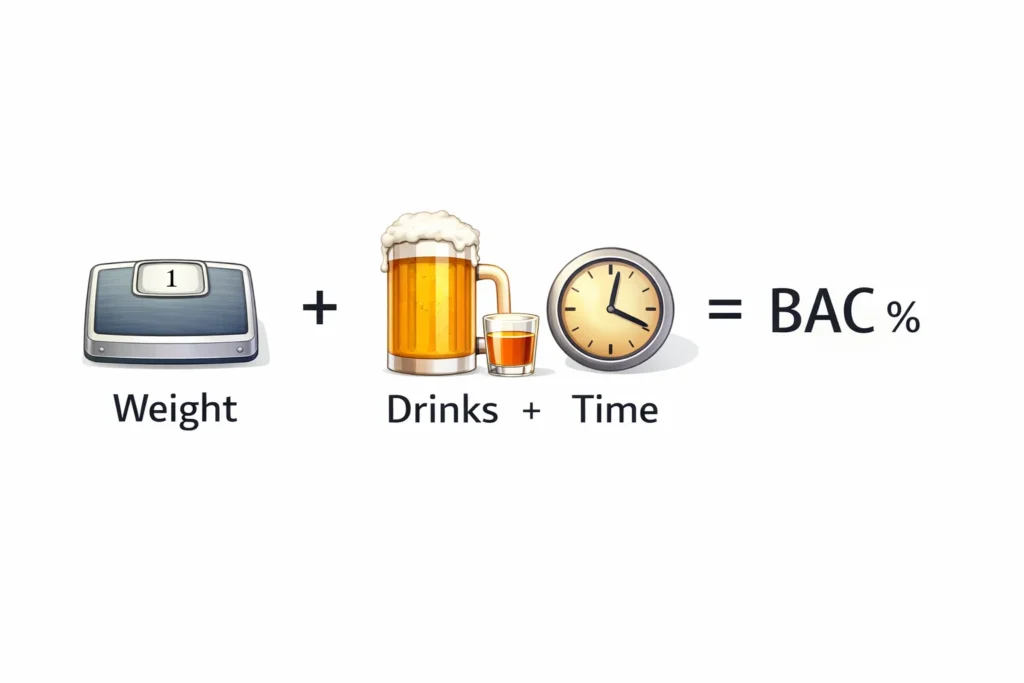 BAC Calculator Online, Estimate Blood Alcohol Level 1 bac calculation diagram showing weight drinks and time used to estimate blood alcohol level