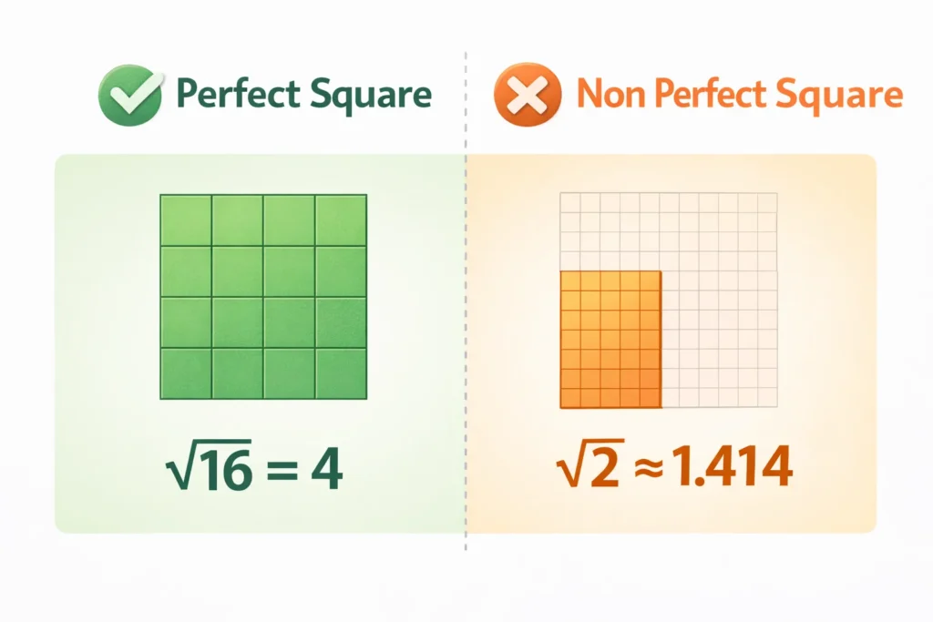 Square Root Calculator, Simplified Form and Decimal 2 perfect square vs non perfect square example with square root values