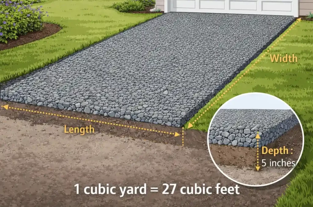 driveway gravel depth and dimensions for cubic yard calculation example