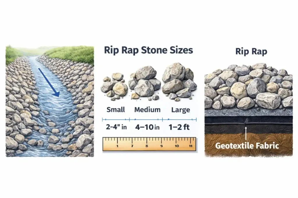 Rip Rap Calculator, Calculate Tons and Volume Fast 2 Rip rap stone sizes chart showing small medium and large rock comparison