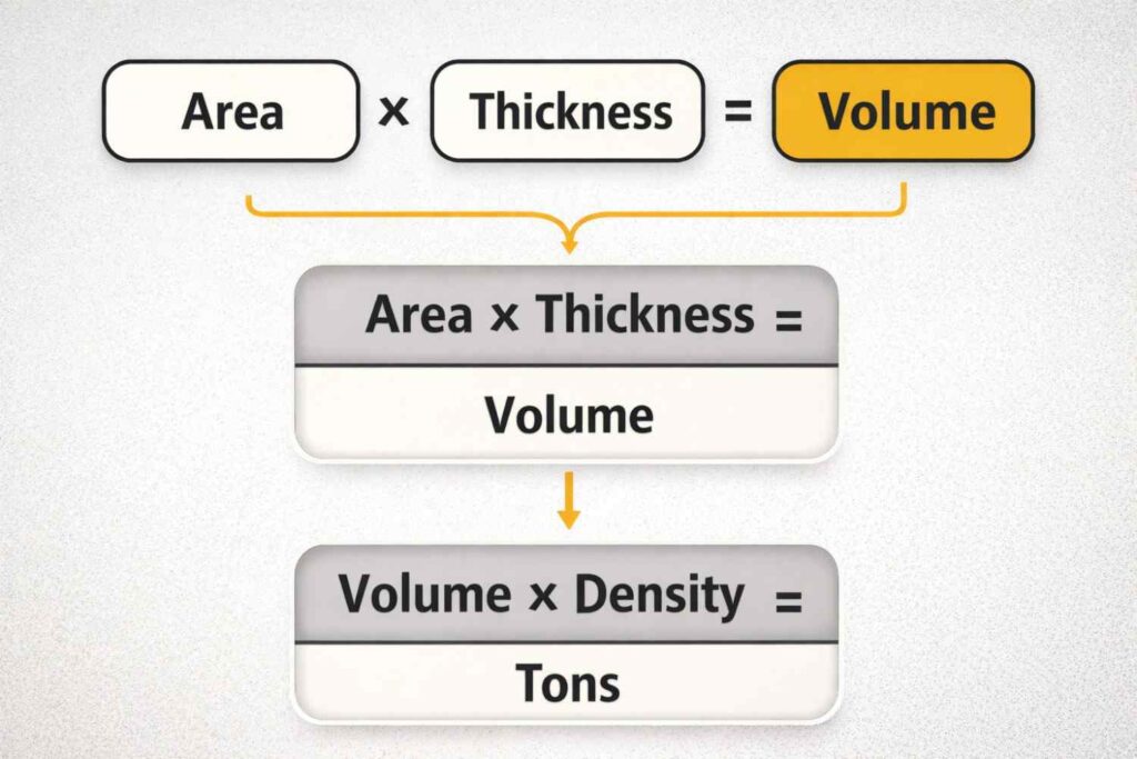 asphalt calculation formula showing area thickness volume and tons conversion steps