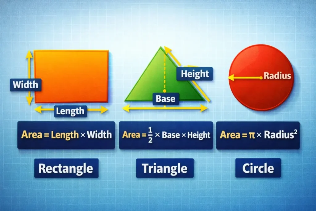 area calculation examples for rectangle triangle and circle in square feet