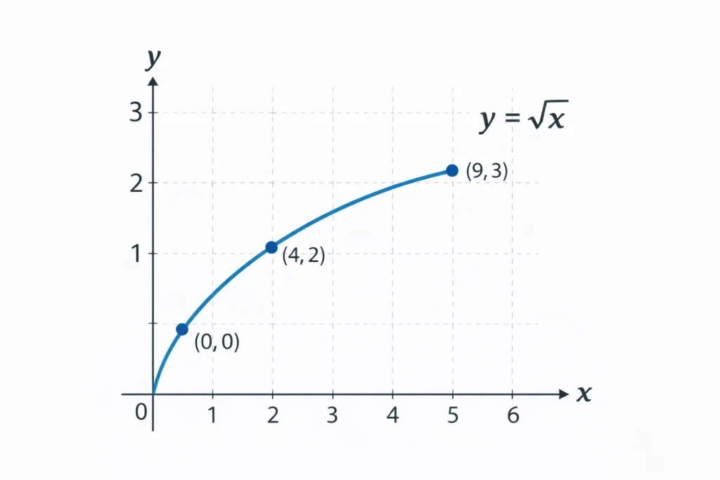 Square Root Calculator, Simplified Form and Decimal 3 graph of square root function showing curve from zero with key points