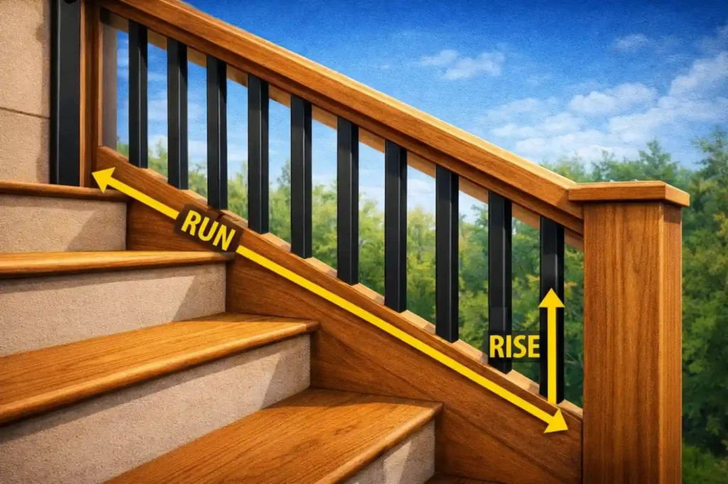 Baluster Calculator, Spacing and Baluster Count Tool 3 Stair railing with angled balusters showing spacing along staircase slope