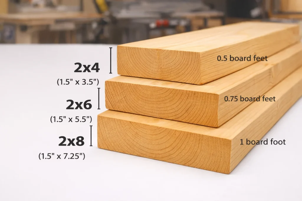 common lumber sizes 2x4 2x6 2x8 with board foot values and actual dimensions comparison