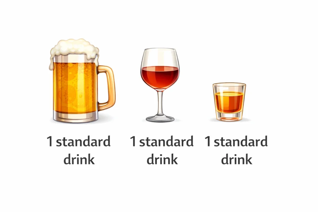 BAC Calculator Online, Estimate Blood Alcohol Level 2 standard drinks comparison showing beer wine and shot equal alcohol content