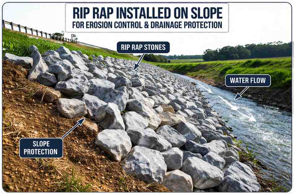 Rip Rap Calculator, Calculate Tons and Volume Fast 1 Rip rap stones installed on slope for erosion control and drainage protection