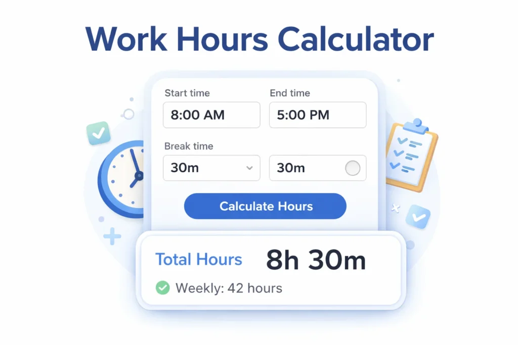 Work Hours Calculator, Calculate Hours Worked Easily 1 Work hours calculator showing start time end time and total hours result