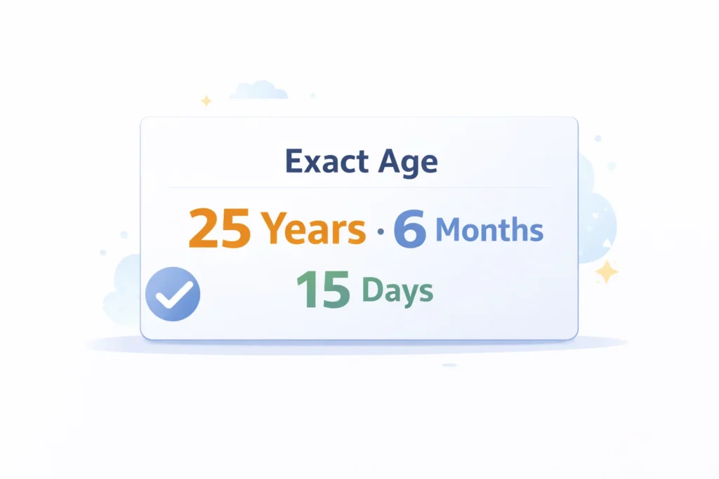 Age calculator result showing exact age in years months and days format