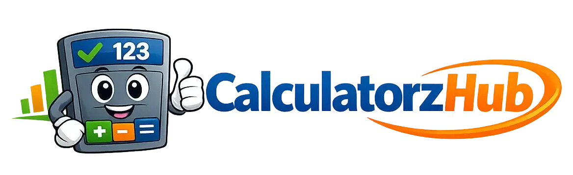 CalculatorzHub logo featuring a friendly cartoon calculator with a thumbs-up, blue and orange modern text, and a growth chart element on a transparent background.