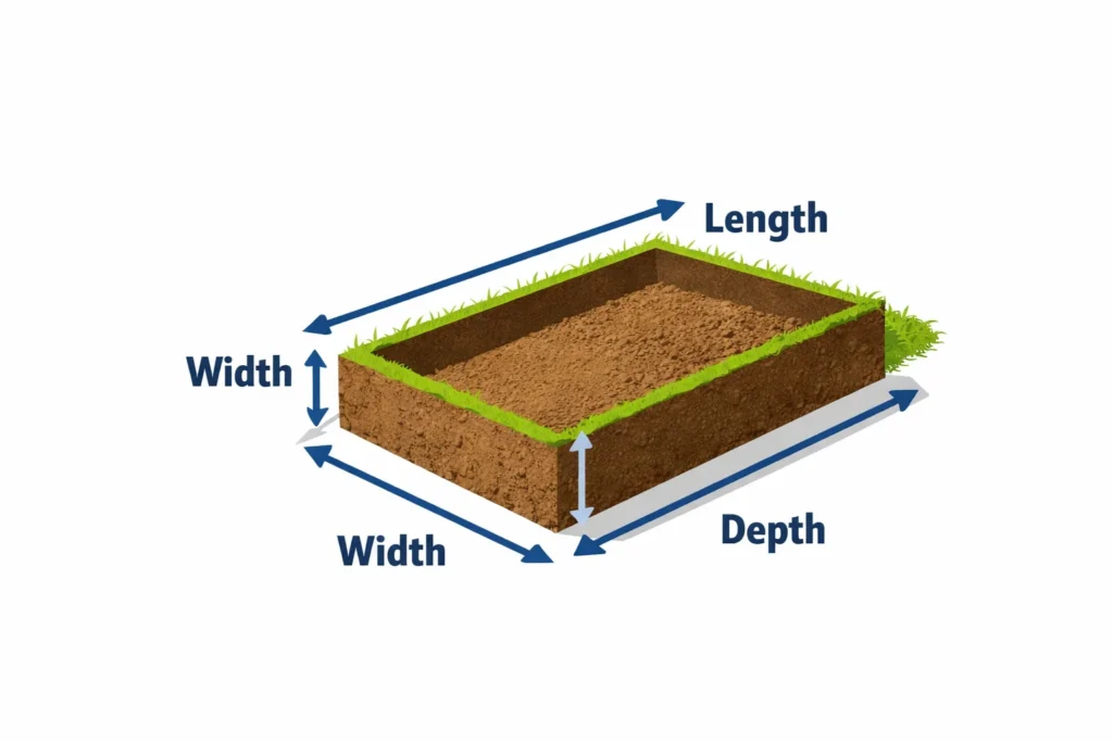 cubic yard measurement diagram showing length width depth for volume calculation