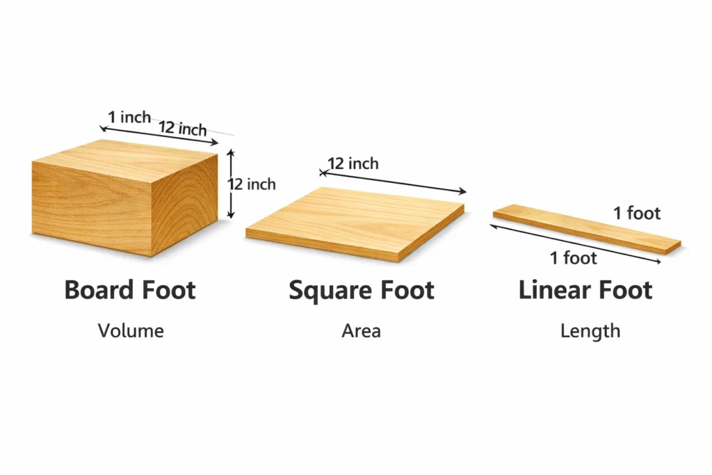 difference between board foot square foot and linear foot with visual comparison of volume area and length