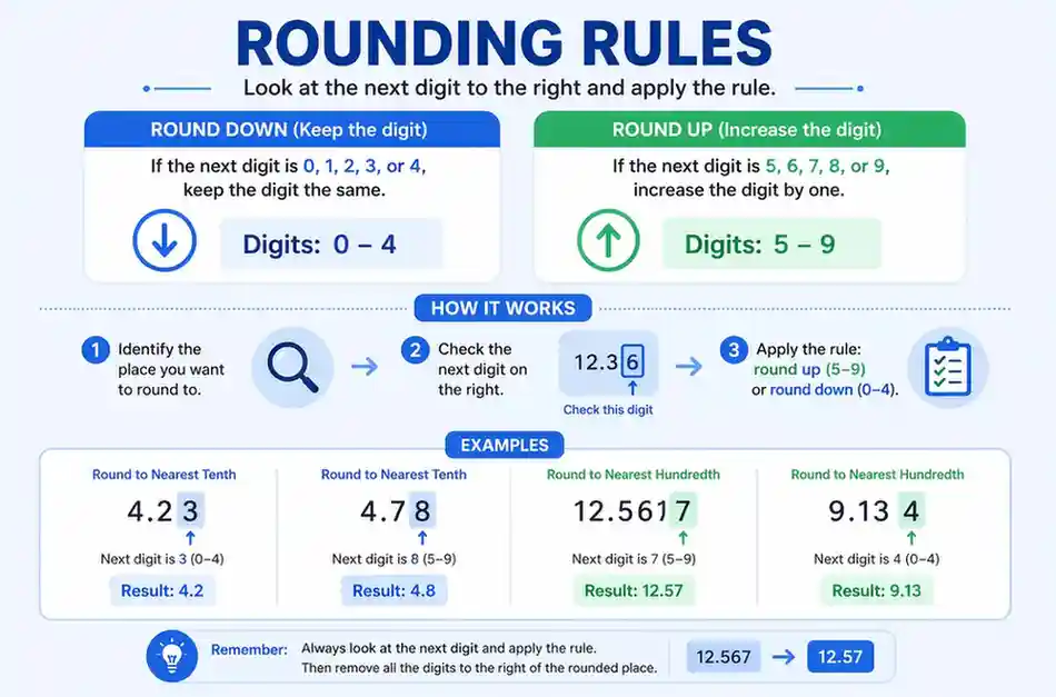 rounding rules chart showing when to round up or down with examples