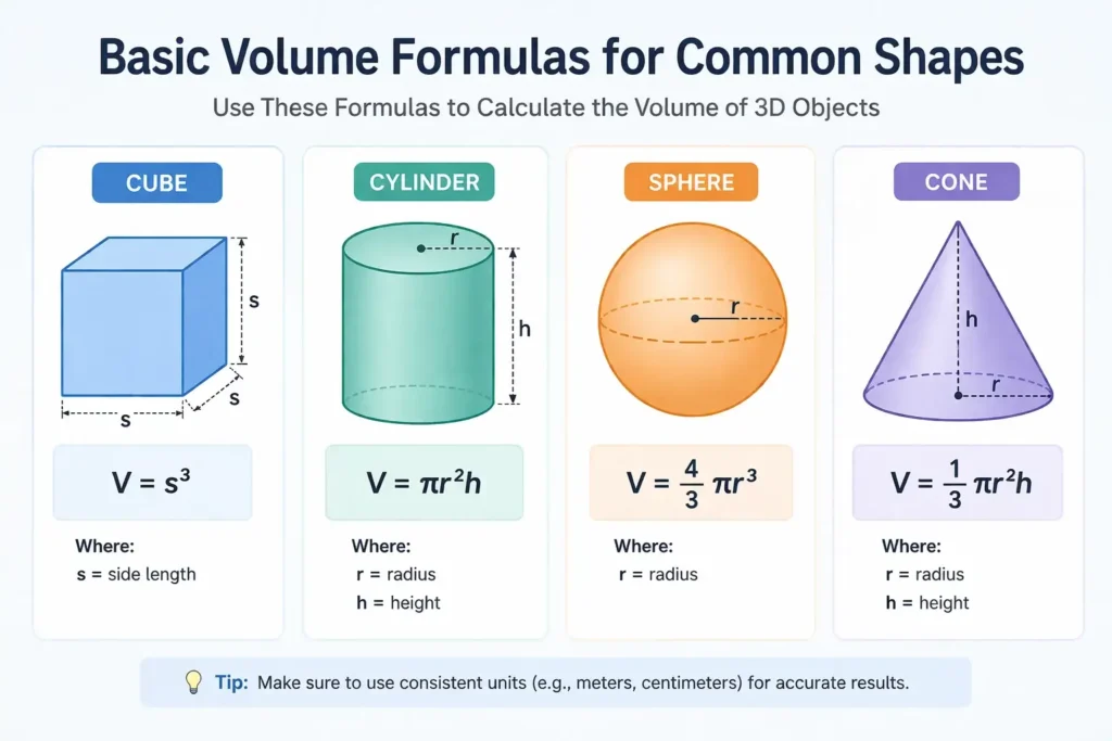 Volume Calculator Online – Calculate Any Shape in Seconds (Free Tool) 2 volume formulas for cube cylinder sphere cone with labeled dimensions