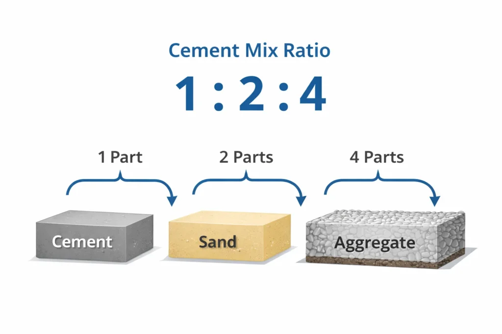 Concrete Calculator | Volume, Bags, Cement & Cost Estimator 3 cement mix ratio 1 2 4 diagram showing cement sand and aggregate proportions
