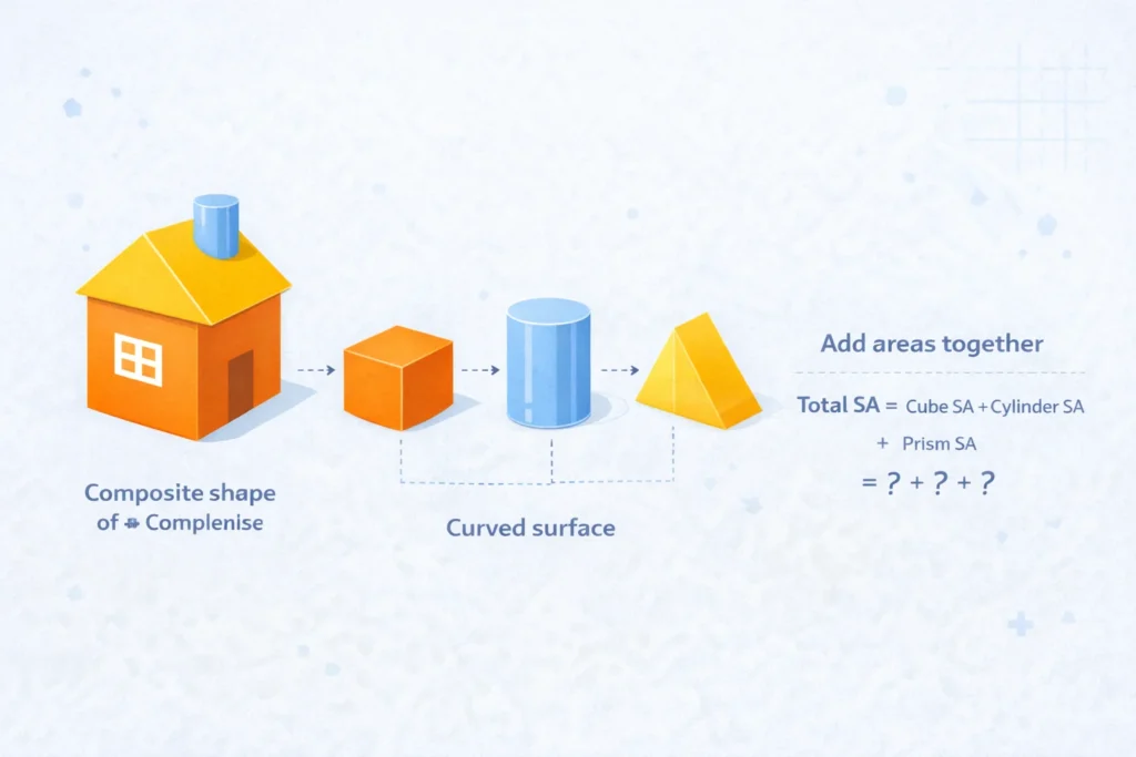 composite surface area example breaking complex 3d shape into cube cylinder and prism for total surface calculation