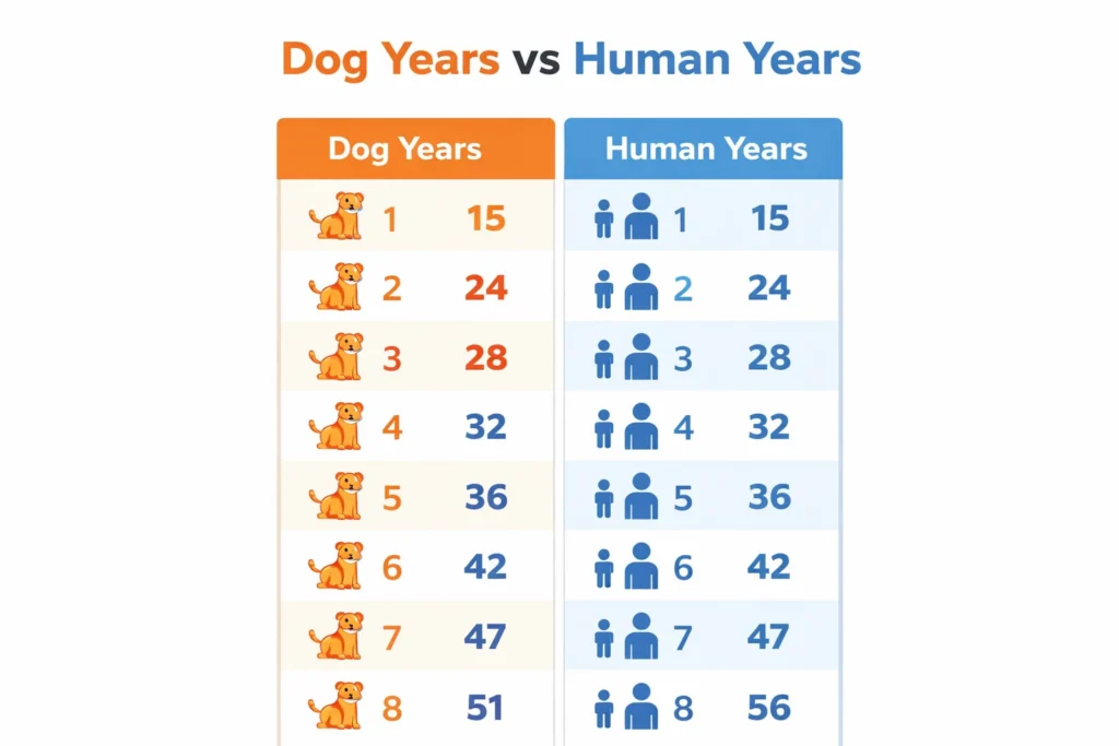 Dog Age Calculator, Dog Years to Human Years Converter 2 Dog years to human years chart showing age comparison for dogs and humans