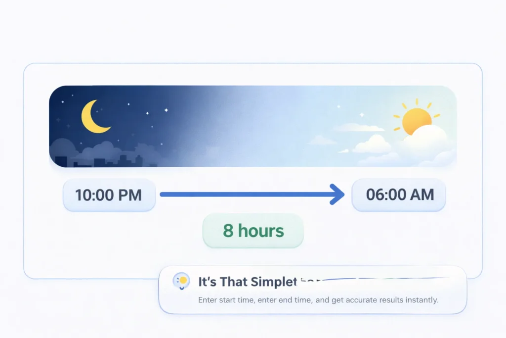 Time Duration Calculator (Hours & Minutes Between Times) 2 Example of overnight time duration calculation from night to next day with hours result