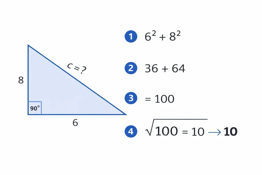 pythagorean theorem example showing how to calculate hypotenuse step by step