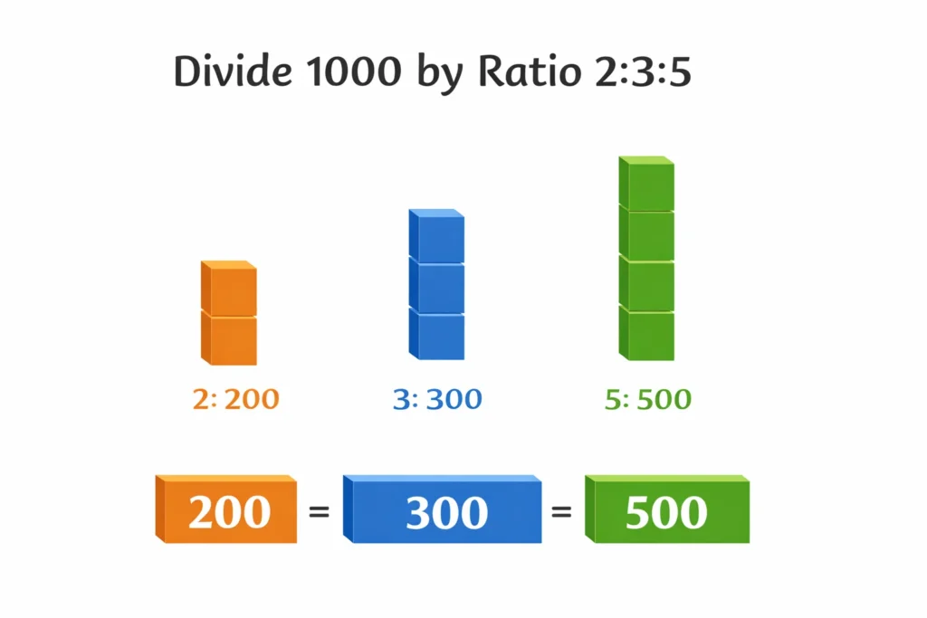 ratio calculator: divide amount by ratio example 1000 split into 2 3 5 shares