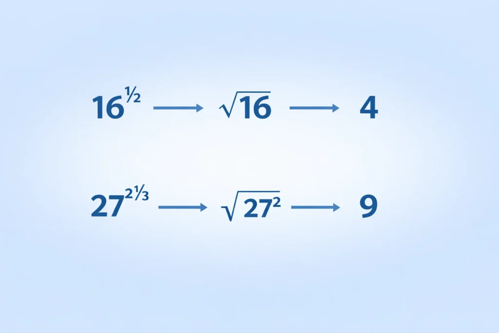 fractional exponent examples converting to roots like 16 power one half equals square root and 27 power two thirds equals cube root