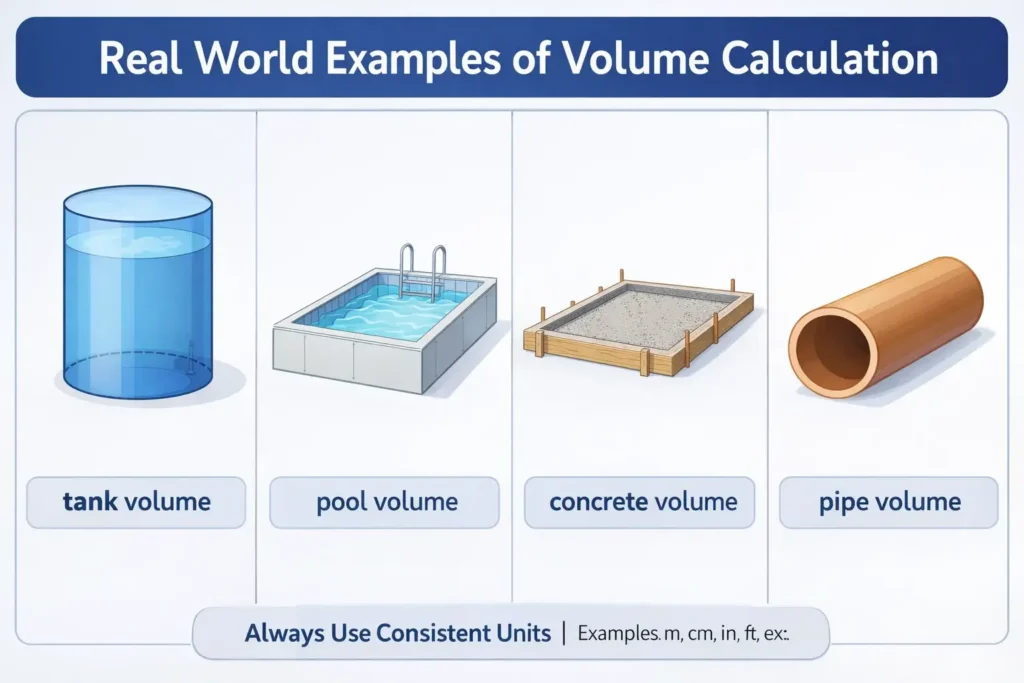 Volume Calculator Online – Calculate Any Shape in Seconds (Free Tool) 3 real world volume examples tank pool concrete slab pipe volume calculation