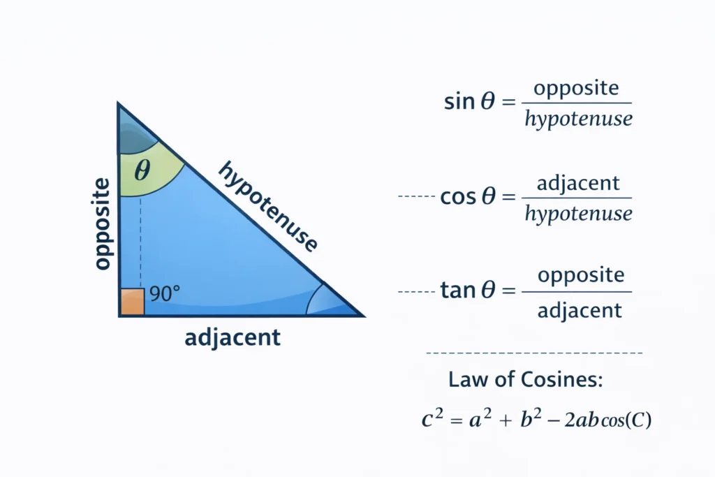 right triangle diagram with sin cos tan opposite adjacent hypotenuse triangle trig calculator