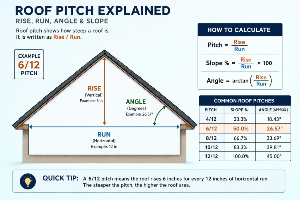 roof pitch diagram showing rise run angle and slope calculation