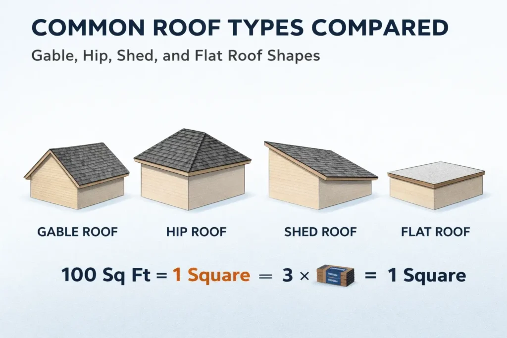 different roof types comparison gable hip shed and flat roof shapes
