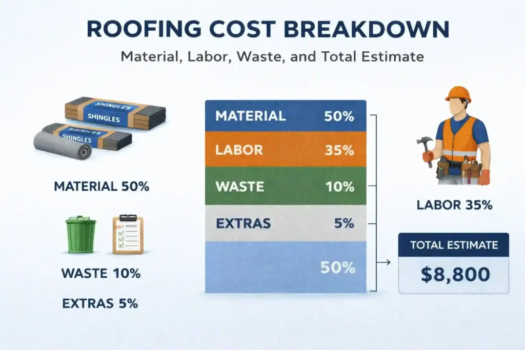 roofing cost breakdown showing material labor waste and total estimate
