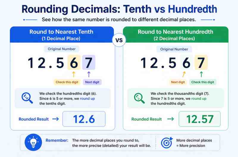 rounding decimals example showing nearest tenth and nearest hundredth difference