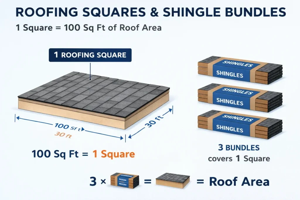 roofing squares and shingle bundles calculation visual showing coverage per bundle