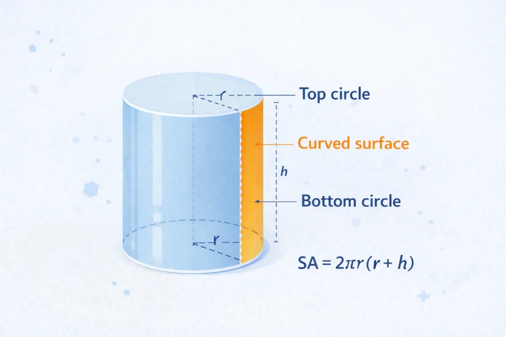 cylinder surface area diagram showing radius height and curved surface with formula 2pi r r plus h