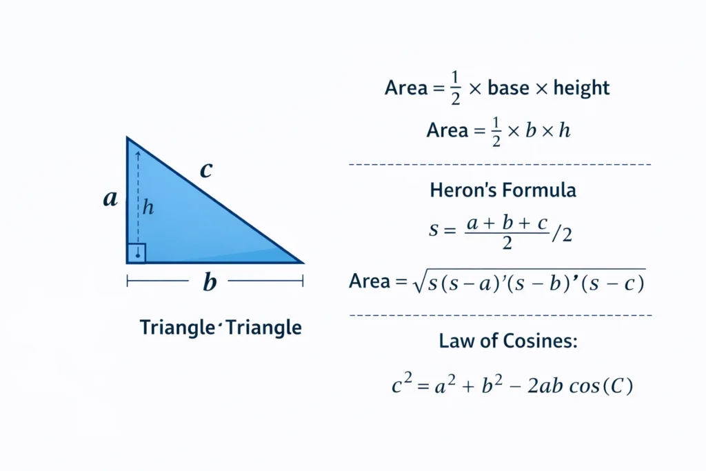 triangle area formulas base height heron law of cosines triangle area calculator