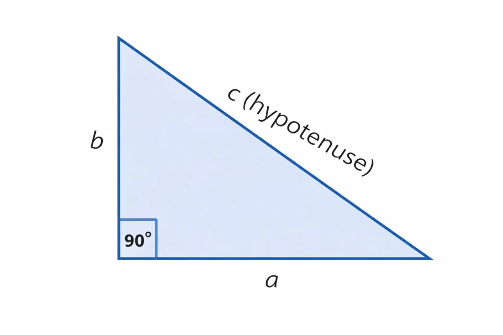 right triangle diagram showing hypotenuse and sides a and b with 90 degree angle