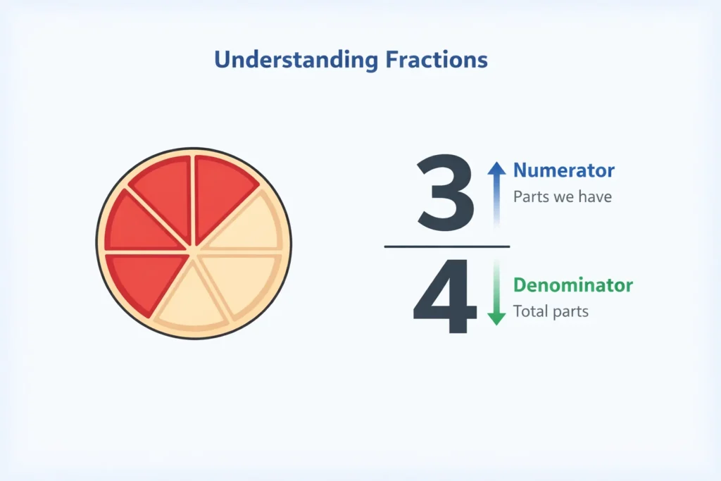 Fraction Calculator, Add, Subtract, Simplify, Convert Online 1 fraction diagram showing numerator and denominator with simple fraction example