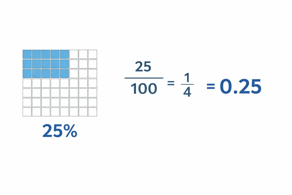 percentage example showing 25 percent of 100 with fraction and decimal