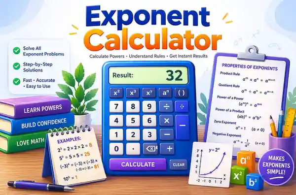 exponent calculator showing powers, exponent rules, and step by step exponent calculation with examples