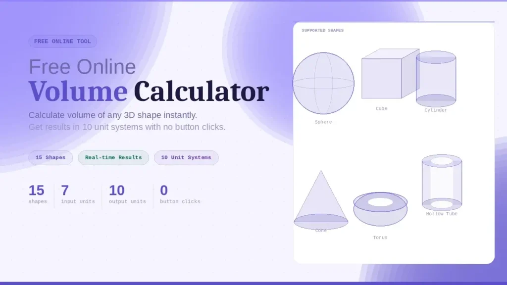 Volume Calculator Online – Calculate Any Shape in Seconds (Free Tool) 1 free volume calculator for 3d shapes with instant results