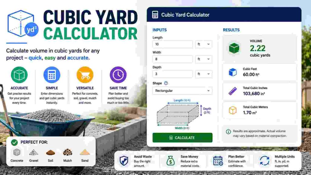 Cubic yard calculator for calculating volume of gravel soil concrete and mulch