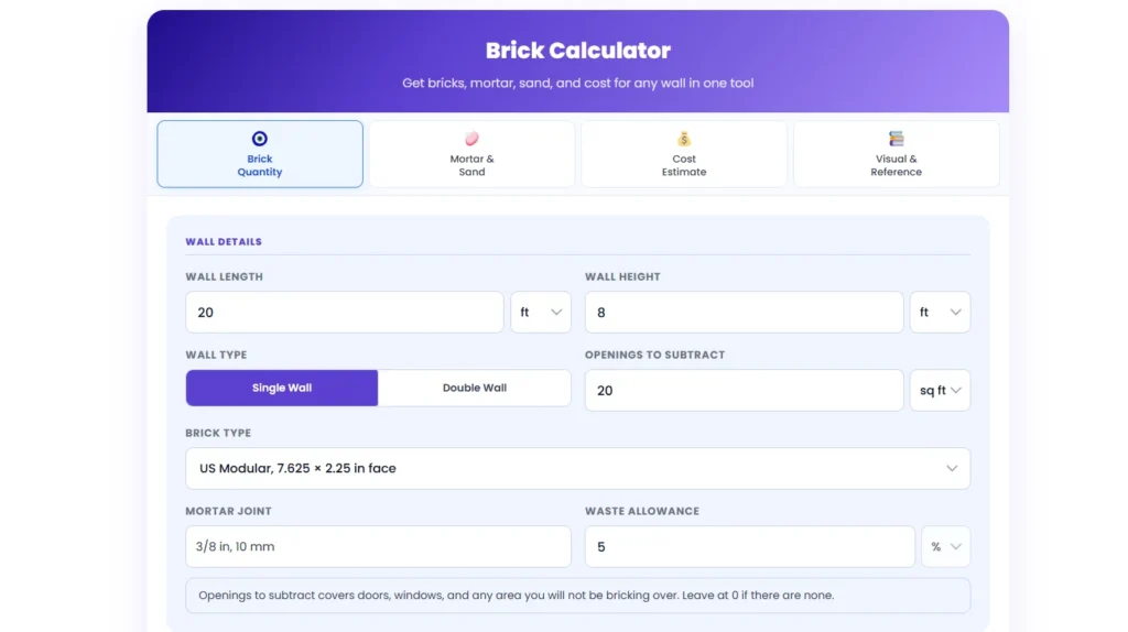 Brick calculator tool showing wall length, height, brick type, and wall type inputs